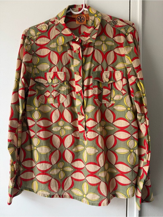 Tory Burch Tops - Tory Burch Mod Geometric Print Button Down Shirt Retro Resort Boho Blouse Sz 8